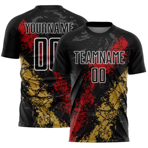 Custom Black White Red-Old Gold Dripping Splatter Cracked Texture Sublimation Soccer Uniform Jersey