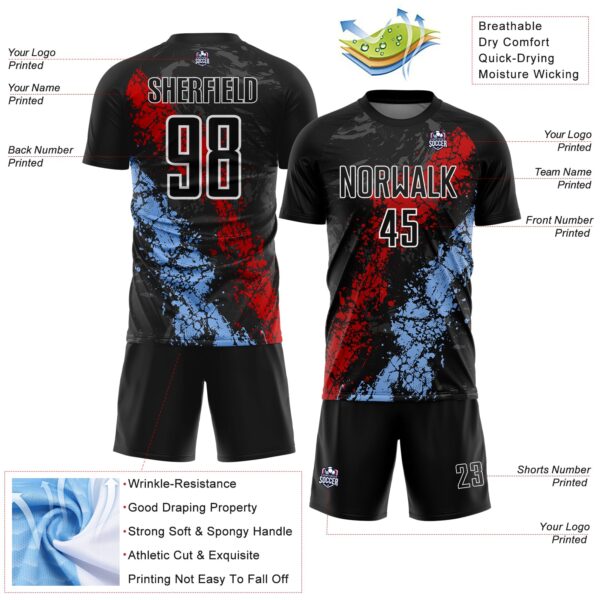 Custom Black White Red-Light Blue Dripping Splatter Cracked Texture Sublimation Soccer Uniform Jersey