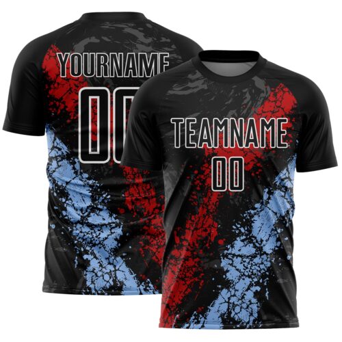 Soccer6633 Custom Black White Red-Light Blue Dripping Splatter Cracked Texture Sublimation Soccer Uniform Jersey