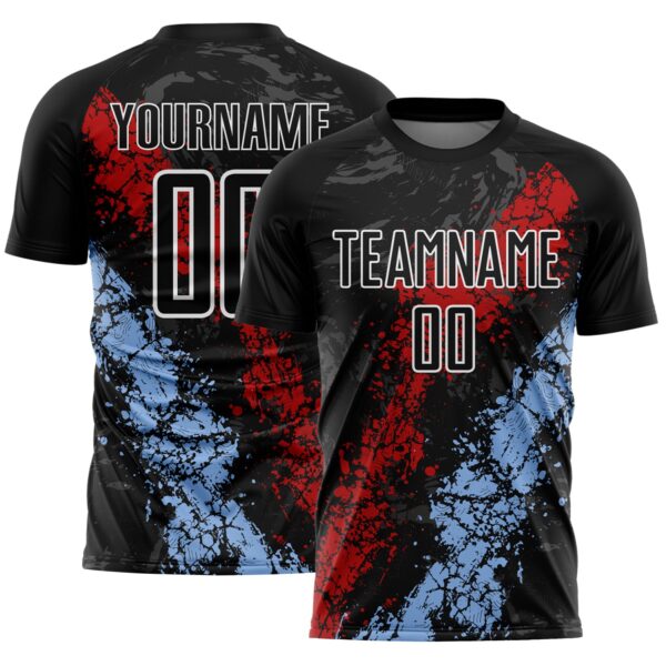 Custom Black White Red-Light Blue Dripping Splatter Cracked Texture Sublimation Soccer Uniform Jersey