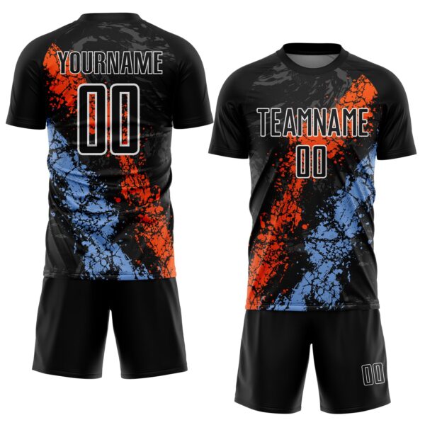 Custom Black White Orange-Powder Blue Dripping Splatter Cracked Texture Sublimation Soccer Uniform Jersey
