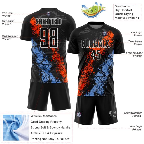 Custom Black White Orange-Powder Blue Dripping Splatter Cracked Texture Sublimation Soccer Uniform Jersey