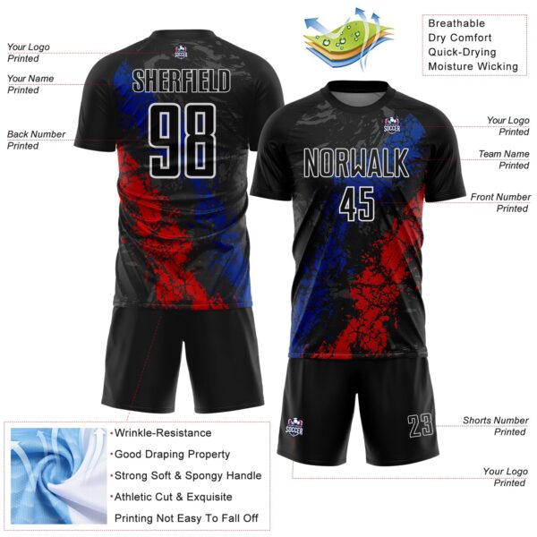 Custom Black White Royal-Red Dripping Splatter Cracked Texture Sublimation Soccer Uniform Jersey