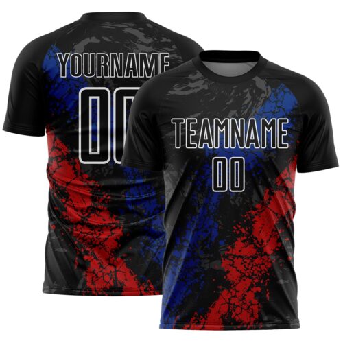 Soccer6635 Custom Black White Royal-Red Dripping Splatter Cracked Texture Sublimation Soccer Uniform Jersey