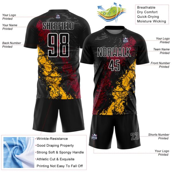 Custom Black White Crimson-Gold Dripping Splatter Cracked Texture Sublimation Soccer Uniform Jersey