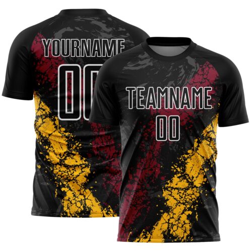 Soccer6636 Custom Black White Crimson-Gold Dripping Splatter Cracked Texture Sublimation Soccer Uniform Jersey