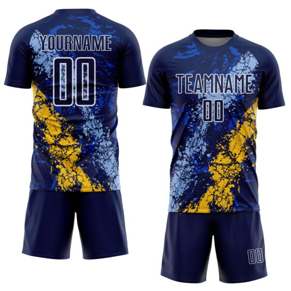 Custom Navy White Light Blue-Yellow Dripping Splatter Cracked Texture Sublimation Soccer Uniform Jersey