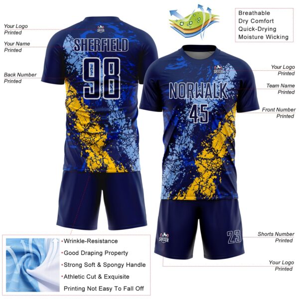 Custom Navy White Light Blue-Yellow Dripping Splatter Cracked Texture Sublimation Soccer Uniform Jersey