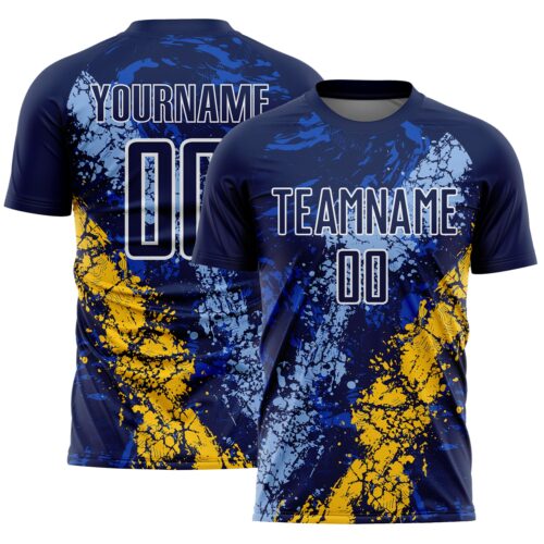 Soccer6637 Custom Navy White Light Blue-Yellow Dripping Splatter Cracked Texture Sublimation Soccer Uniform Jersey
