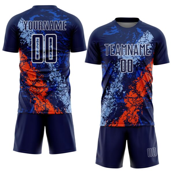 Custom Navy White Light Blue-Orange Dripping Splatter Cracked Texture Sublimation Soccer Uniform Jersey