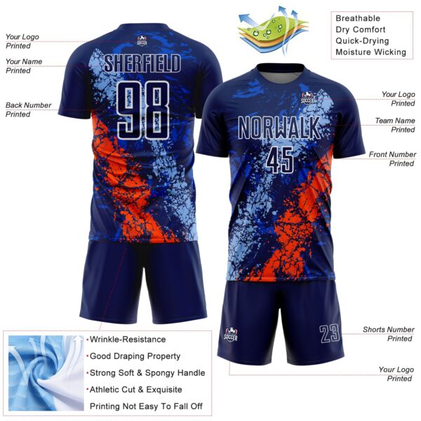 Custom Navy White Light Blue-Orange Dripping Splatter Cracked Texture Sublimation Soccer Uniform Jersey