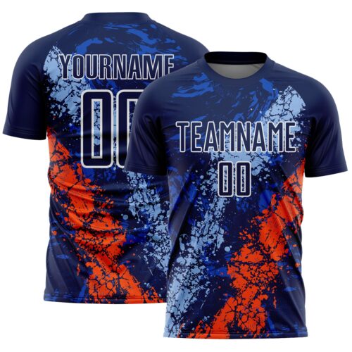 Soccer6638 Custom Navy White Light Blue-Orange Dripping Splatter Cracked Texture Sublimation Soccer Uniform Jersey