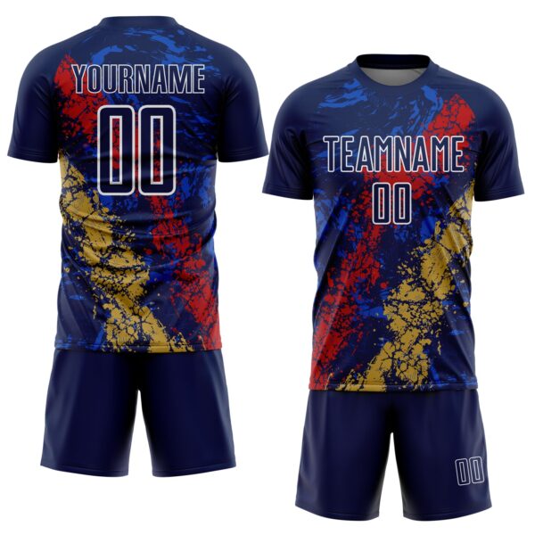 Custom Navy White Red-Old Gold Dripping Splatter Cracked Texture Sublimation Soccer Uniform Jersey