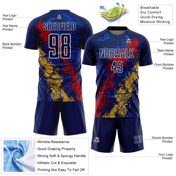 Custom Navy White Red-Old Gold Dripping Splatter Cracked Texture Sublimation Soccer Uniform Jersey