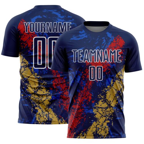 Soccer6639 Custom Navy White Red-Old Gold Dripping Splatter Cracked Texture Sublimation Soccer Uniform Jersey