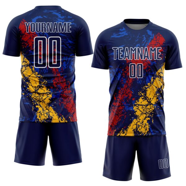 Custom Navy White Red-Gold Dripping Splatter Cracked Texture Sublimation Soccer Uniform Jersey