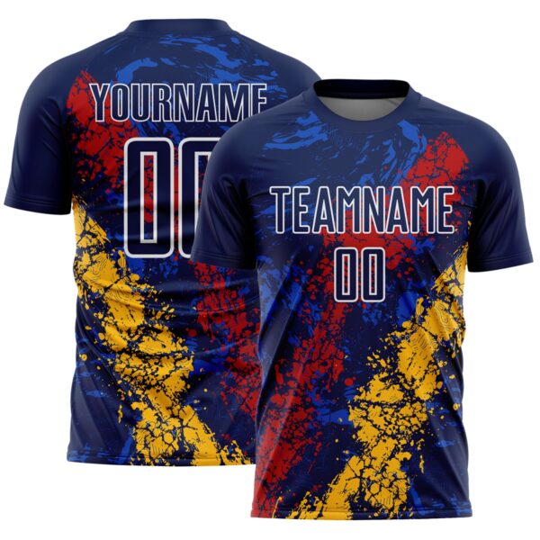 Custom Navy White Red-Gold Dripping Splatter Cracked Texture Sublimation Soccer Uniform Jersey