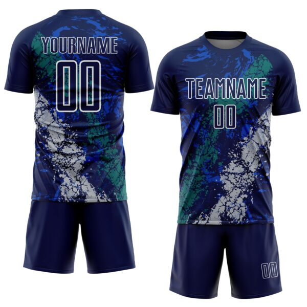 Custom Navy White Teal-Gray Dripping Splatter Cracked Texture Sublimation Soccer Uniform Jersey