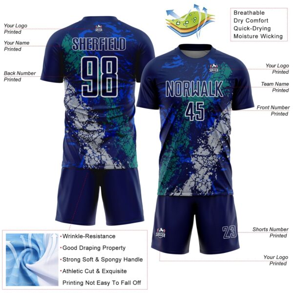 Custom Navy White Teal-Gray Dripping Splatter Cracked Texture Sublimation Soccer Uniform Jersey