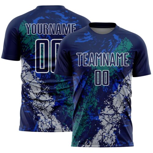 Soccer6641 Custom Navy White Teal-Gray Dripping Splatter Cracked Texture Sublimation Soccer Uniform Jersey
