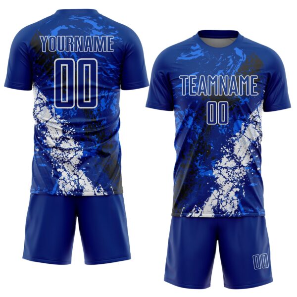 Custom Royal White-Black Dripping Splatter Cracked Texture Sublimation Soccer Uniform Jersey