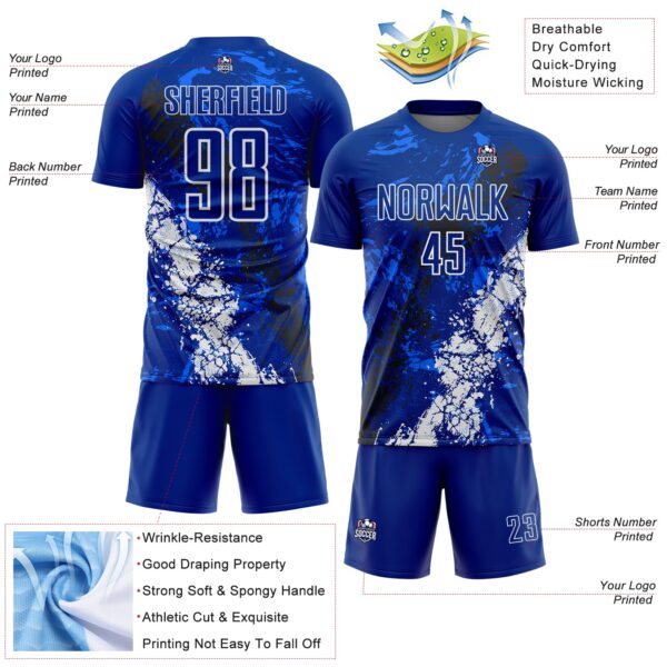 Custom Royal White-Black Dripping Splatter Cracked Texture Sublimation Soccer Uniform Jersey