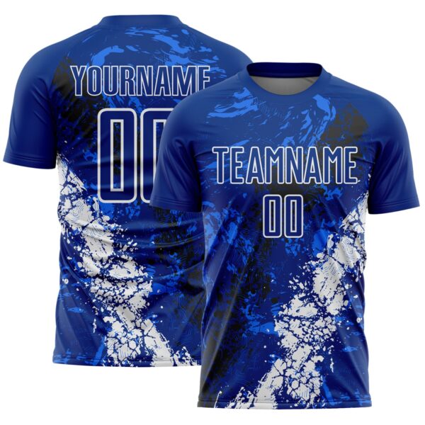 Custom Royal White-Black Dripping Splatter Cracked Texture Sublimation Soccer Uniform Jersey