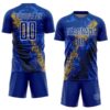 Custom Royal White Old Gold-Black Dripping Splatter Cracked Texture Sublimation Soccer Uniform Jersey