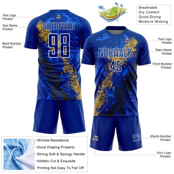 Custom Royal White Old Gold-Black Dripping Splatter Cracked Texture Sublimation Soccer Uniform Jersey