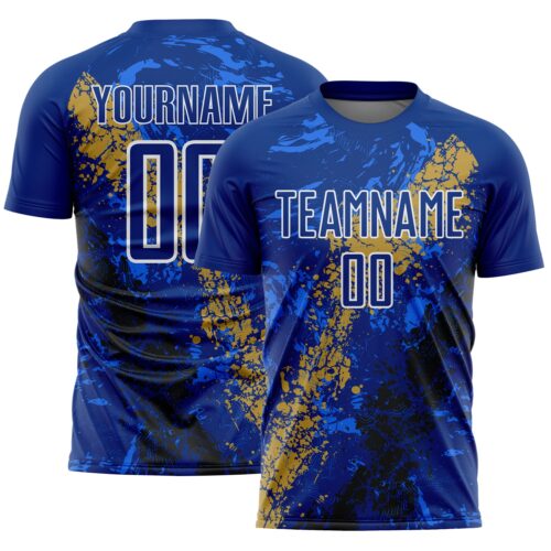 Soccer6643 Custom Royal White Old Gold-Black Dripping Splatter Cracked Texture Sublimation Soccer Uniform Jersey