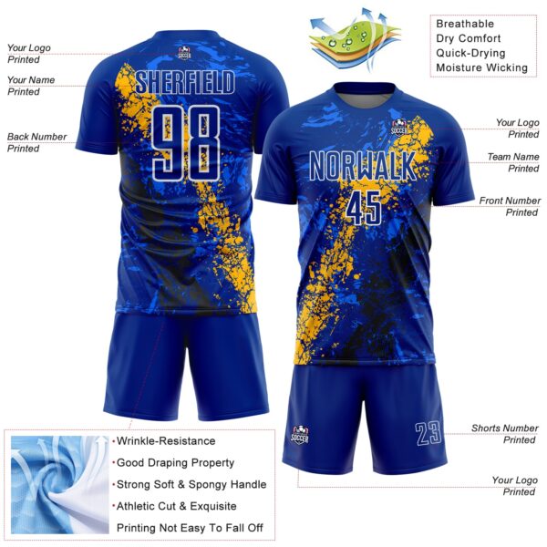 Custom Royal White Gold-Black Dripping Splatter Cracked Texture Sublimation Soccer Uniform Jersey