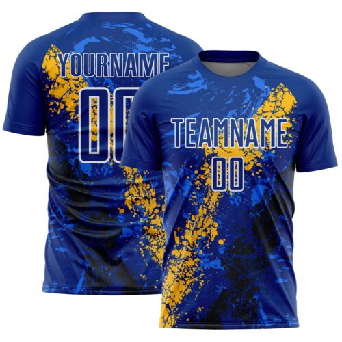 Soccer6644 Custom Royal White Gold-Black Dripping Splatter Cracked Texture Sublimation Soccer Uniform Jersey