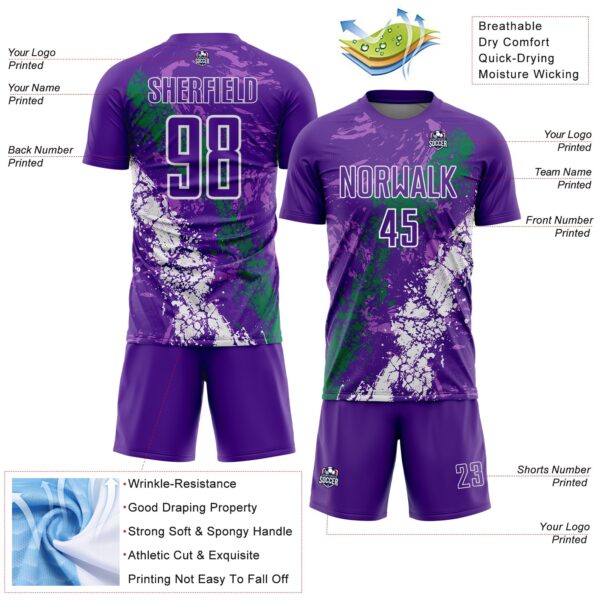 Custom Purple White-Kelly Green Dripping Splatter Cracked Texture Sublimation Soccer Uniform Jersey