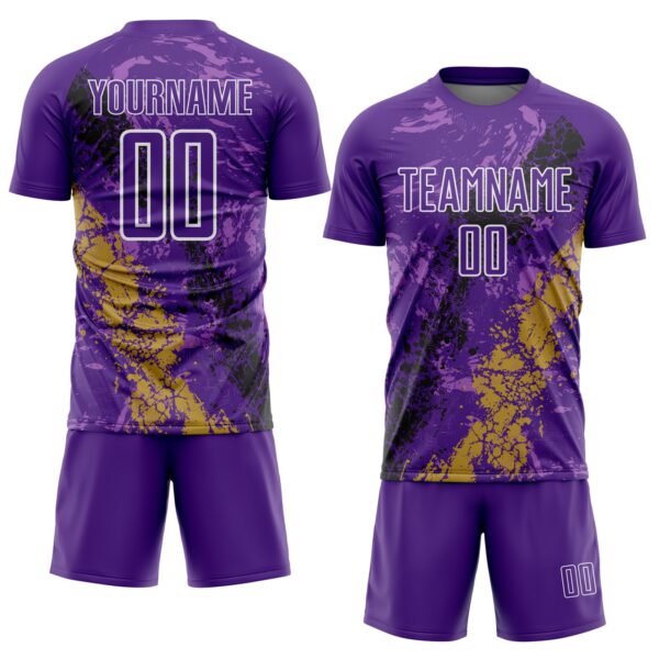 Custom Purple White Old Gold-Black Dripping Splatter Cracked Texture Sublimation Soccer Uniform Jersey