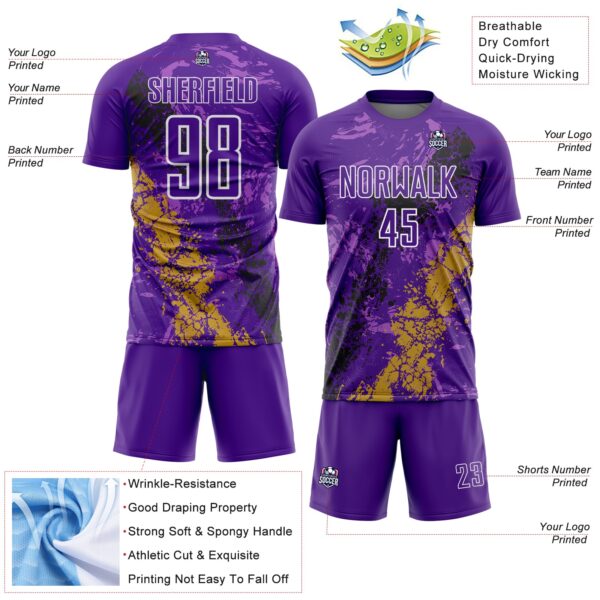 Custom Purple White Old Gold-Black Dripping Splatter Cracked Texture Sublimation Soccer Uniform Jersey
