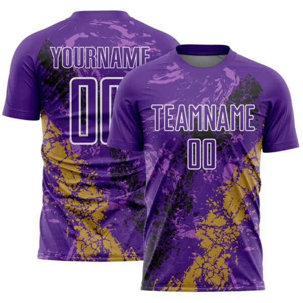 Custom Purple White Old Gold-Black Dripping Splatter Cracked Texture Sublimation Soccer Uniform Jersey