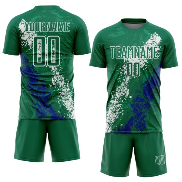 Custom Kelly Green White-Royal Dripping Splatter Cracked Texture Sublimation Soccer Uniform Jersey