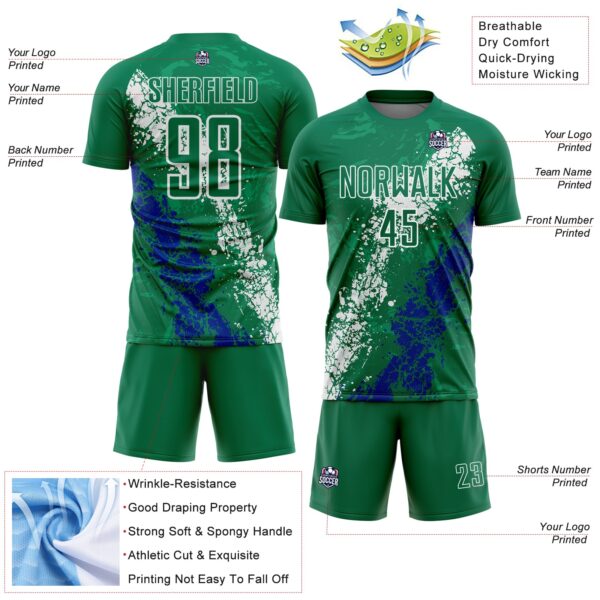 Custom Kelly Green White-Royal Dripping Splatter Cracked Texture Sublimation Soccer Uniform Jersey
