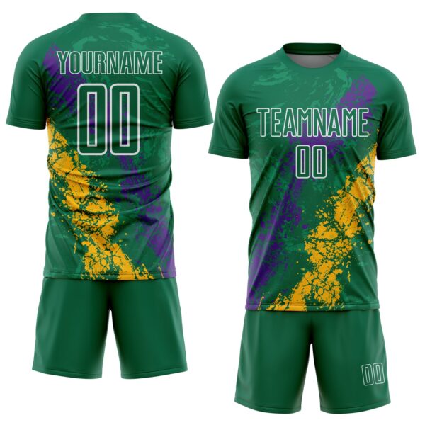 Custom Kelly Green White Purple-Gold Dripping Splatter Cracked Texture Sublimation Soccer Uniform Jersey