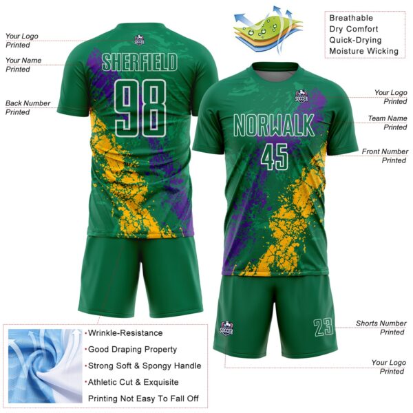 Custom Kelly Green White Purple-Gold Dripping Splatter Cracked Texture Sublimation Soccer Uniform Jersey