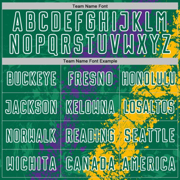 Custom Kelly Green White Purple-Gold Dripping Splatter Cracked Texture Sublimation Soccer Uniform Jersey