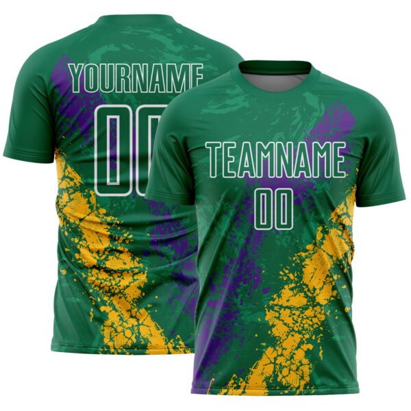 Custom Kelly Green White Purple-Gold Dripping Splatter Cracked Texture Sublimation Soccer Uniform Jersey