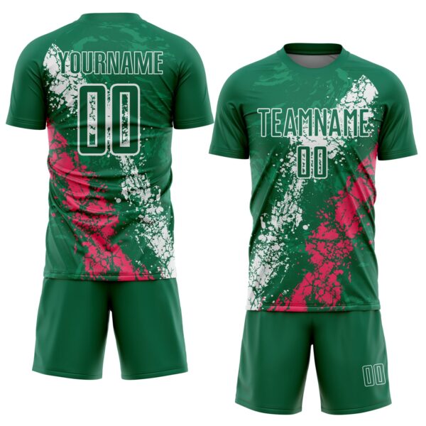 Custom Kelly Green White-Neon Pink Dripping Splatter Cracked Texture Sublimation Soccer Uniform Jersey
