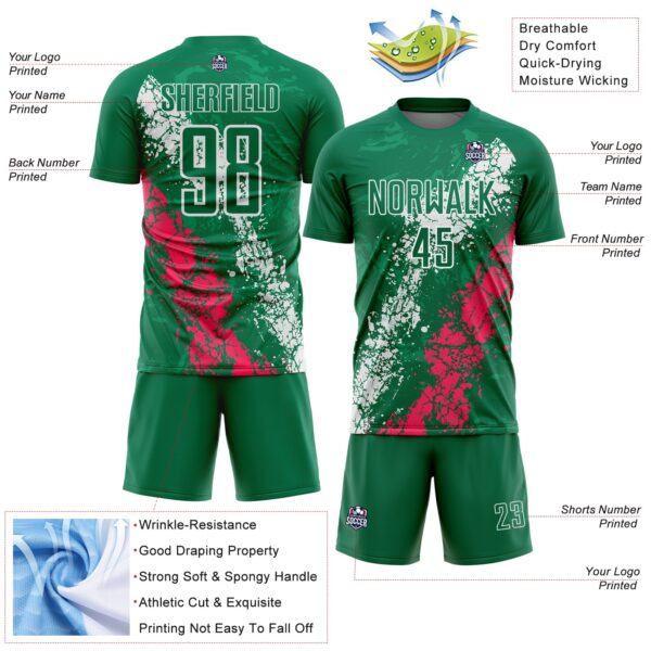 Custom Kelly Green White-Neon Pink Dripping Splatter Cracked Texture Sublimation Soccer Uniform Jersey