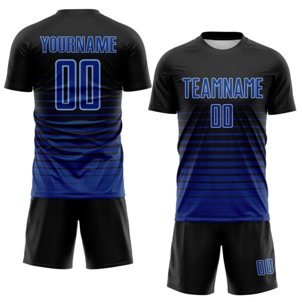 Custom Black Royal-Light Blue Gradient Pinstripe Sublimation Soccer Uniform Jersey