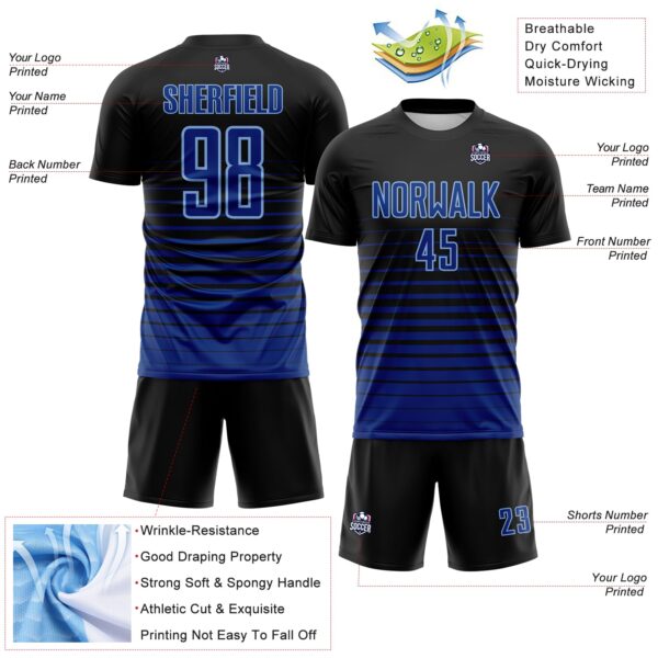 Custom Black Royal-Light Blue Gradient Pinstripe Sublimation Soccer Uniform Jersey