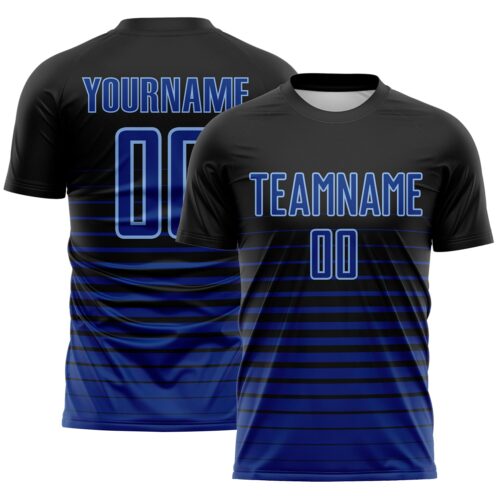 Custom Black Royal-Light Blue Gradient Pinstripe Sublimation Soccer Uniform Jersey