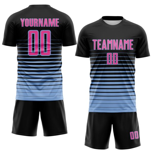 Custom Black Pink-Light Blue Gradient Pinstripe Sublimation Soccer Uniform Jersey