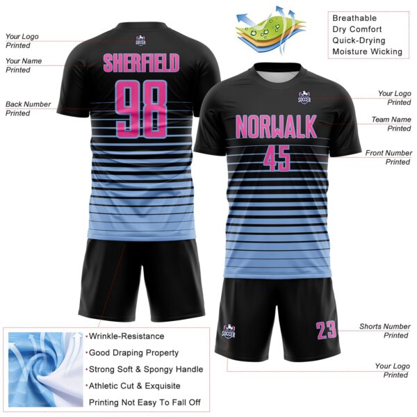 Custom Black Pink-Light Blue Gradient Pinstripe Sublimation Soccer Uniform Jersey