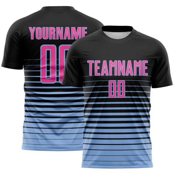 Custom Black Pink-Light Blue Gradient Pinstripe Sublimation Soccer Uniform Jersey